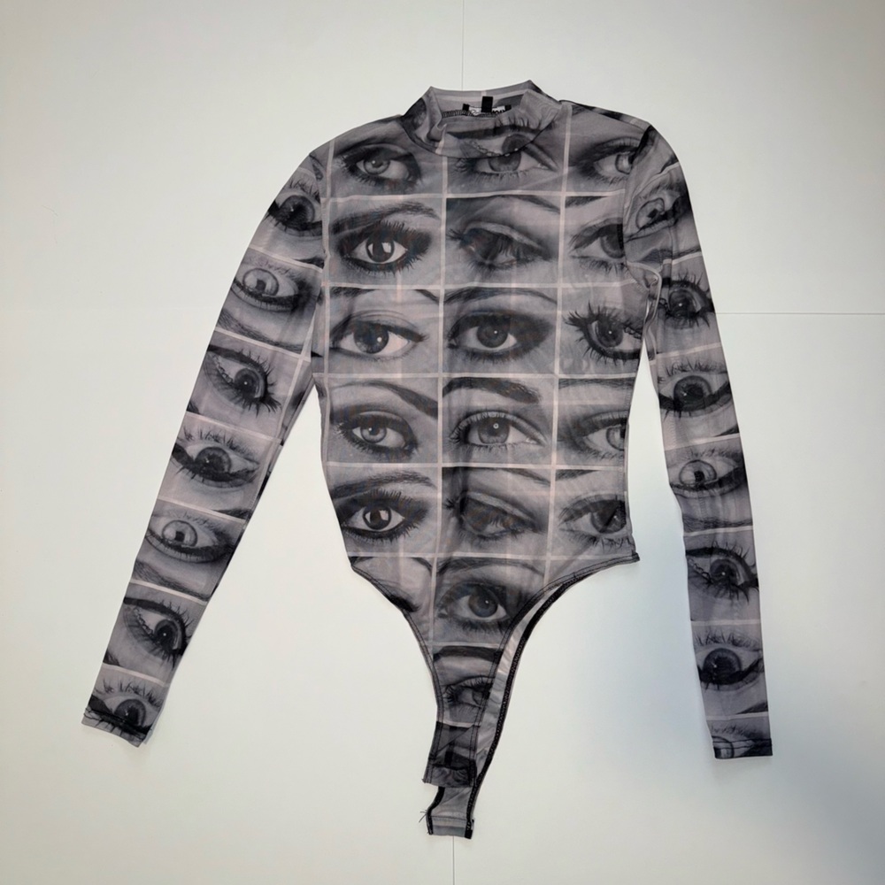 Fashion Nova Gray Black Eye Print Mesh Bodysuit